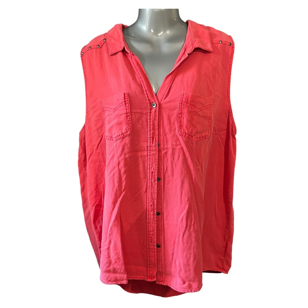 Rock & Republic XL Sleeveless Button Down Shirt Studded Coral Pink